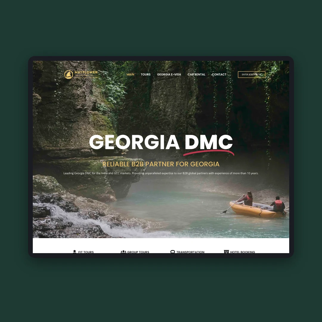 Mayflower Georgia DMC-ის ვებსაიტი ტაბლეტის ეკრანზე